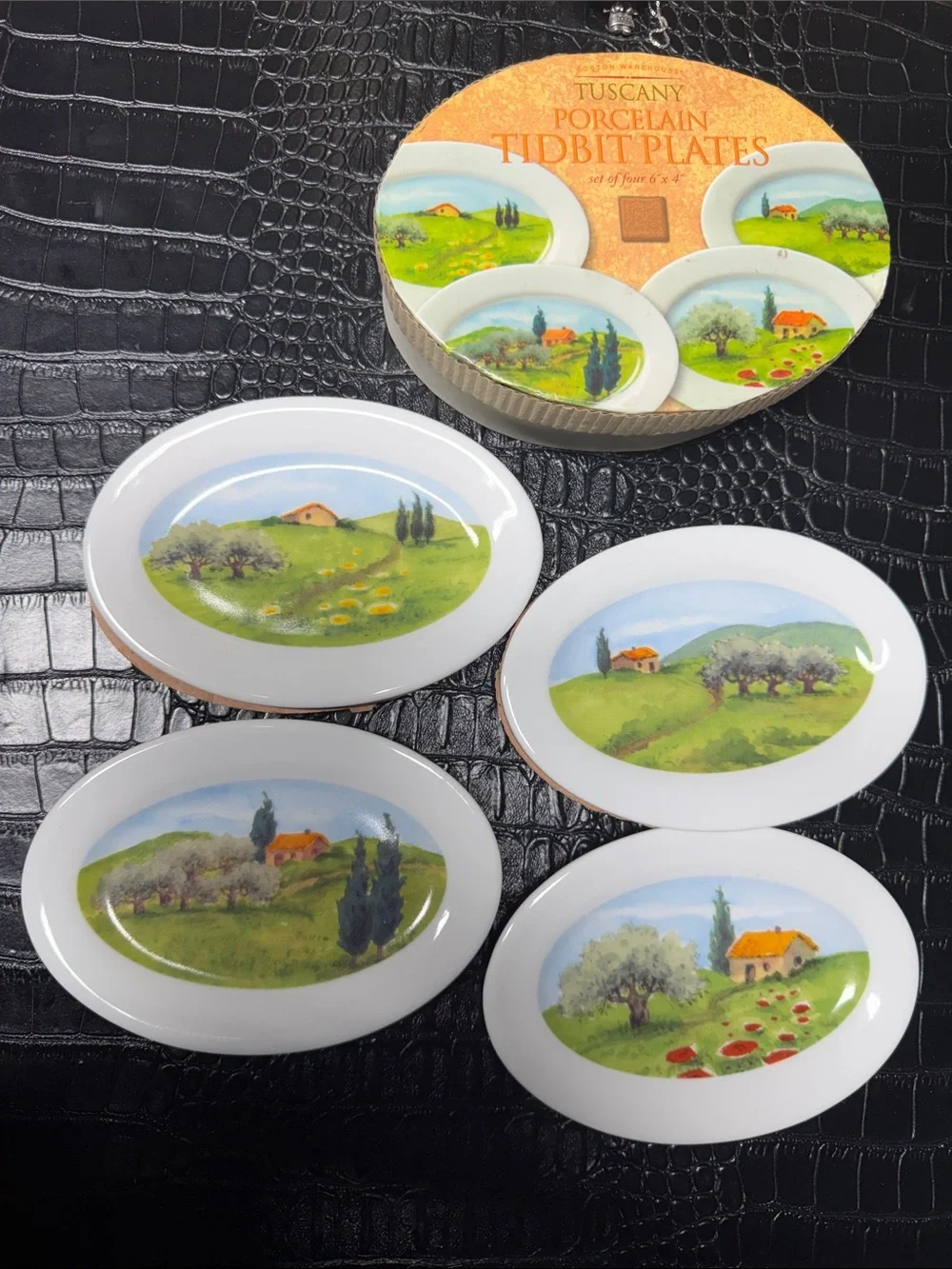 Boston Warehouse White Porcelain Tidbit Plates with Green & Orange Scenic Motif